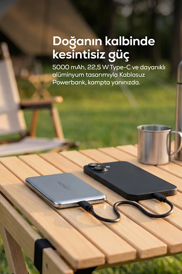 Kablosuz Powerbank 15W 5000 Mah, Manyetik, 22.5W PD USB-C, İnce Alüminyum Gövde (X6440)